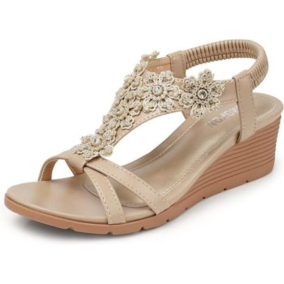 Womens Wedge Sandals Open Toe Platform Floral Rhinestone Dress Shoes Summer - Picture 7 of 7